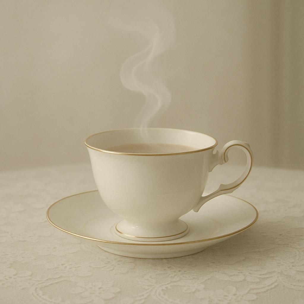 A close-up shot of a white tea cup with gold trim, resting on a matching saucer, both placed on a white tablecloth against...
